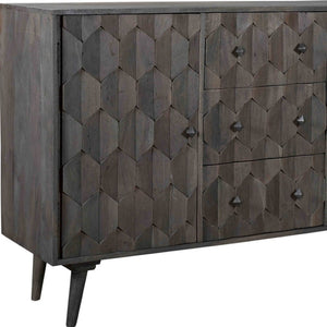 HomeRoots 55" Dark Gray Distressed Solid Wood Sideboard with Geometric Carvings, Drawers & Doors for Storage 488485