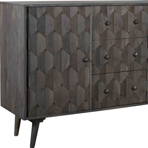 HomeRoots 55" Dark Gray Distressed Solid Wood Sideboard with Geometric Carvings, Drawers & Doors for Storage 488485