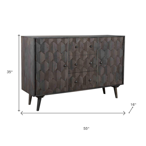 HomeRoots 55" Dark Gray Distressed Solid Wood Sideboard with Geometric Carvings, Drawers & Doors for Storage 488485
