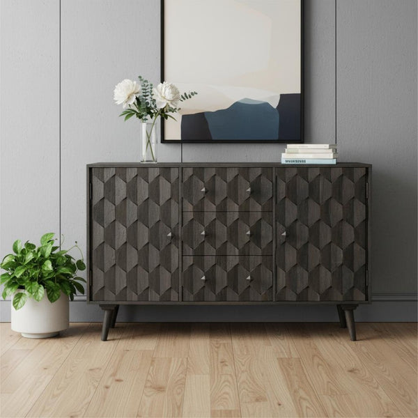 HomeRoots 55" Dark Gray Distressed Solid Wood Sideboard with Geometric Carvings, Drawers & Doors for Storage 488485