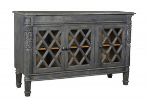 HomeRoots 58" Dark Gray Carved Scrollwork Sideboard with Glass Doors - Elegant Storage for Any Space 488488