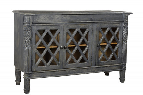 HomeRoots 58" Dark Gray Carved Scrollwork Sideboard with Glass Doors - Elegant Storage for Any Space 488488