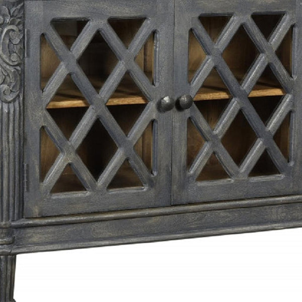 HomeRoots 58" Dark Gray Carved Scrollwork Sideboard with Glass Doors - Elegant Storage for Any Space 488488