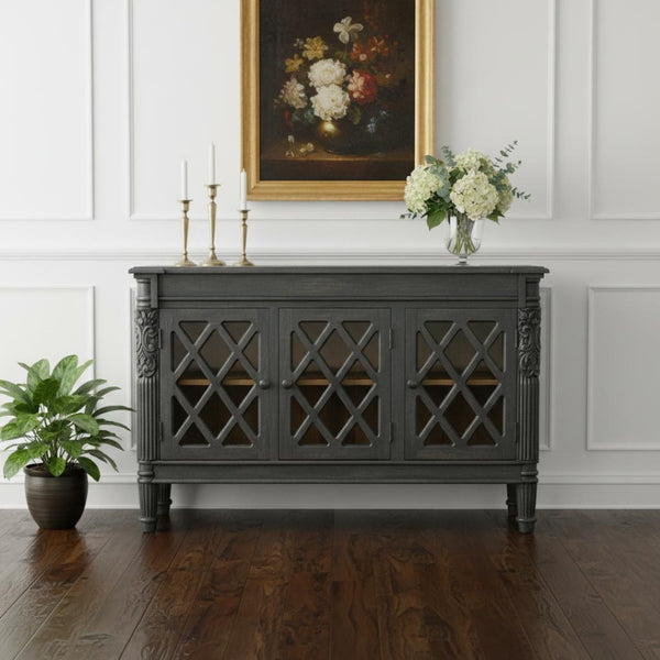 HomeRoots 58" Dark Gray Carved Scrollwork Sideboard with Glass Doors - Elegant Storage for Any Space 488488