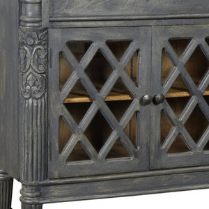 HomeRoots 58" Dark Gray Carved Scrollwork Sideboard with Glass Doors - Elegant Storage for Any Space 488488