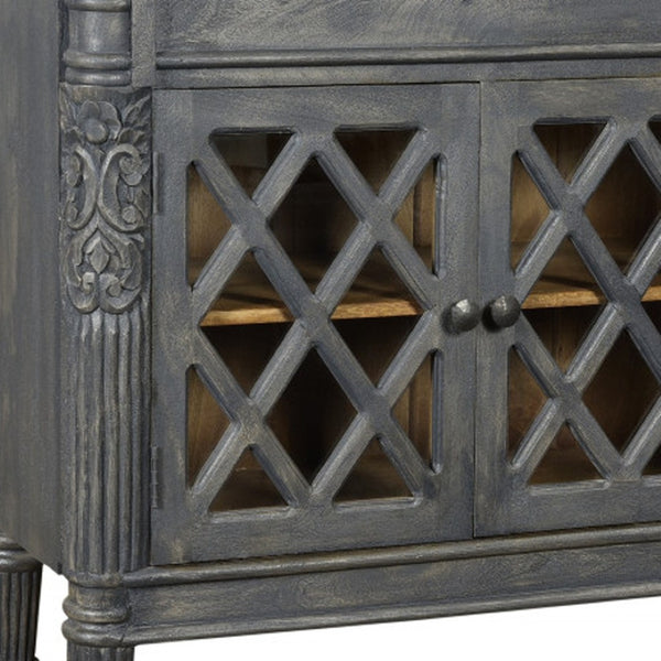 HomeRoots 58" Dark Gray Carved Scrollwork Sideboard with Glass Doors - Elegant Storage for Any Space 488488