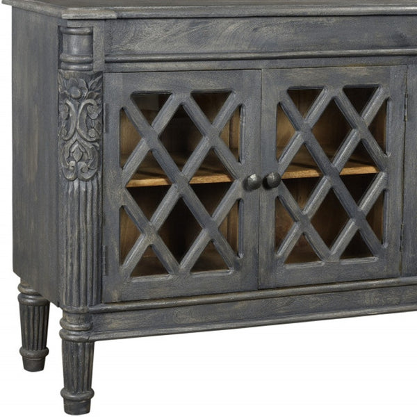 HomeRoots 58" Dark Gray Carved Scrollwork Sideboard with Glass Doors - Elegant Storage for Any Space 488488