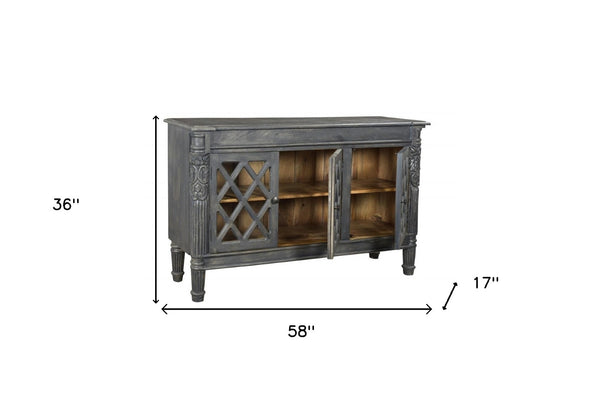 HomeRoots 58" Dark Gray Carved Scrollwork Sideboard with Glass Doors - Elegant Storage for Any Space 488488