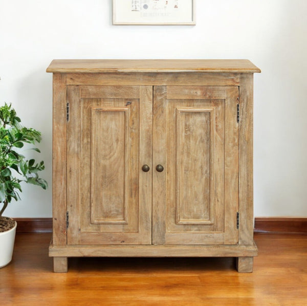 HomeRoots 34" Elegant Light Brown Solid Wood Sideboard - Stylish Storage with Two Doors for Any Room 488492
