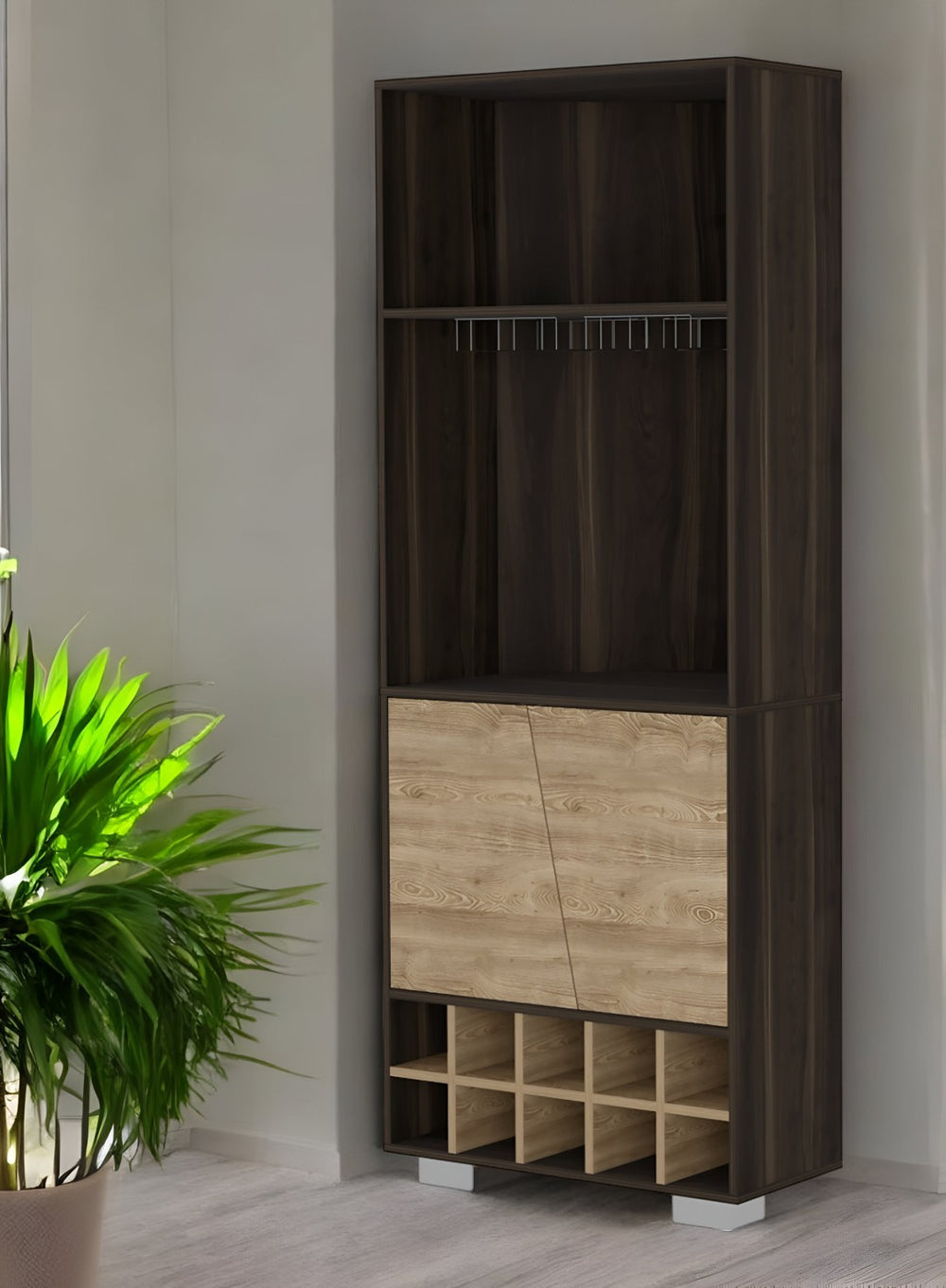 HomeRoots 27" Dark Brown Corner Bar Cabinet - Stylish Space-Saving Design with Multiple Shelves for Versatile Storage 488497