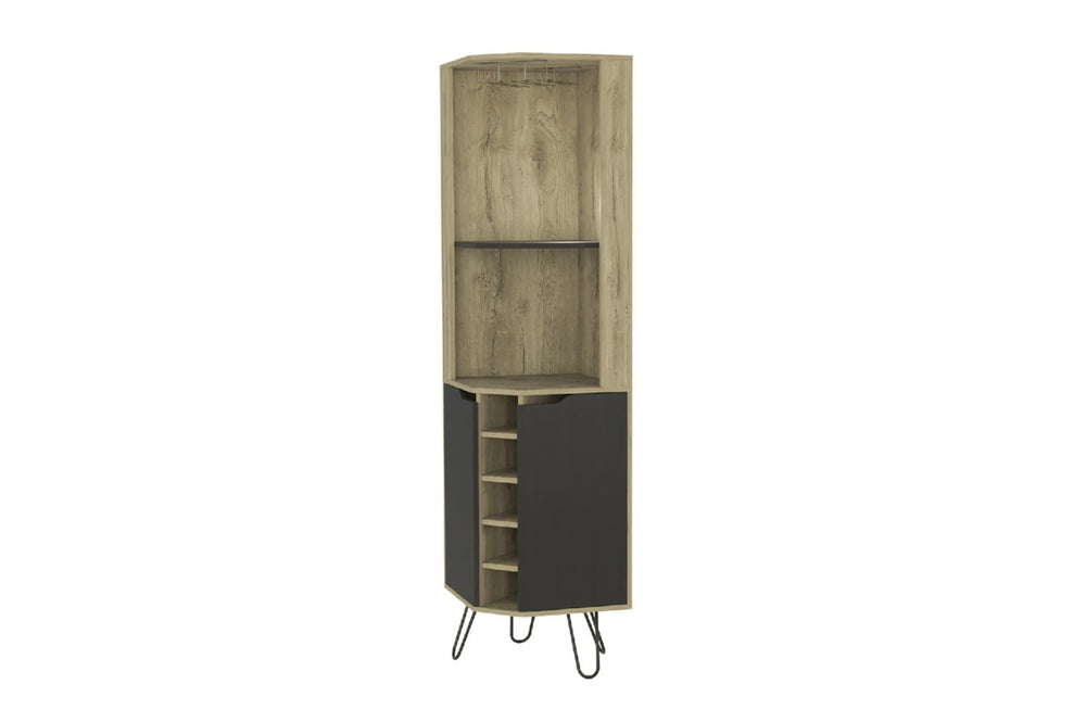 HomeRoots 18" Contemporary Brown and Black Corner Bar Cabinet with 11 Shelves for Stylish Storage Solutions 488502