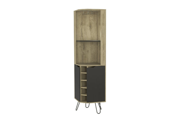HomeRoots 18" Contemporary Brown and Black Corner Bar Cabinet with 11 Shelves for Stylish Storage Solutions 488502