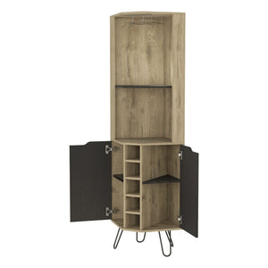 HomeRoots 18" Contemporary Brown and Black Corner Bar Cabinet with 11 Shelves for Stylish Storage Solutions 488502