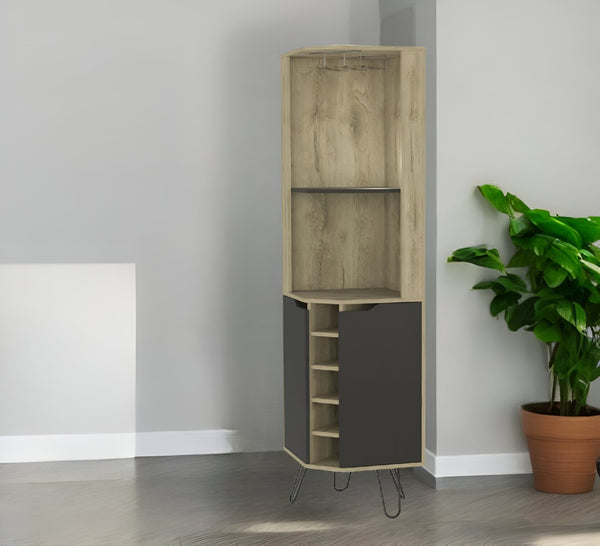 HomeRoots 18" Contemporary Brown and Black Corner Bar Cabinet with 11 Shelves for Stylish Storage Solutions 488502