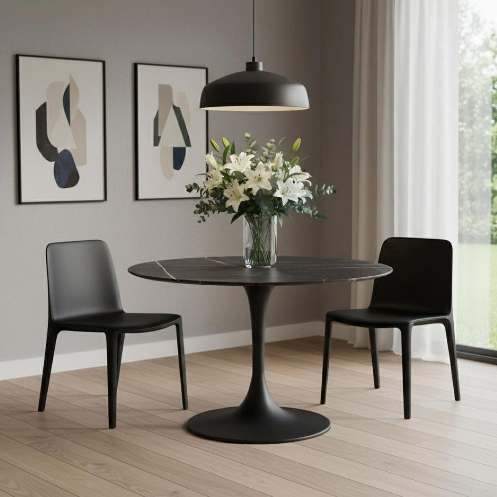 HomeRoots 47" Black Ceramic Pedestal Dining Table - Modern Rounded Design for Stylish Gatherings & Comfort 488516
