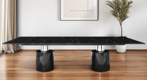 HomeRoots 180" Black Marble Double Pedestal Dining Table - Elegant, Modern Design for Large Gatherings & Events 488517