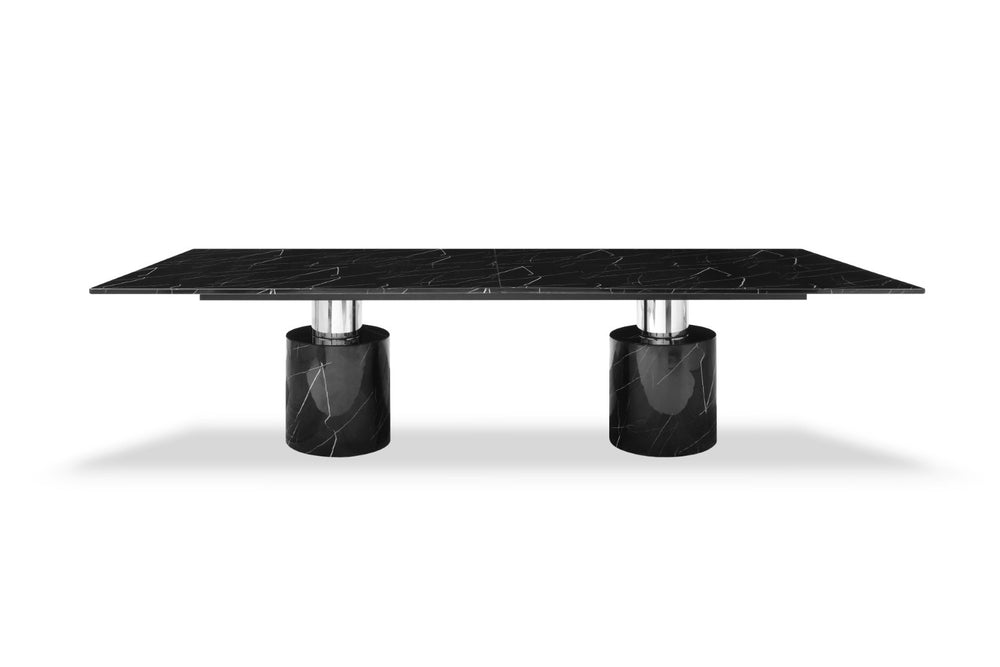HomeRoots 180" Black Marble Double Pedestal Dining Table - Elegant, Modern Design for Large Gatherings & Events 488517