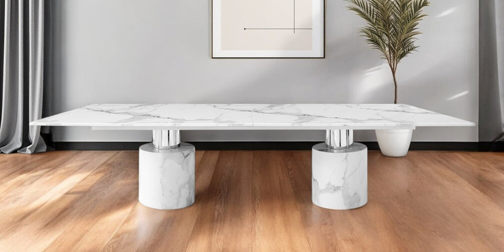 HomeRoots 180" White Marble Double Pedestal Dining Table – Luxurious, Spacious, Modern Design for Gatherings 488518