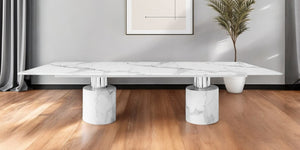 HomeRoots 180" White Marble Double Pedestal Dining Table – Luxurious, Spacious, Modern Design for Gatherings 488518