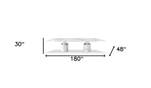 HomeRoots 180" White Marble Double Pedestal Dining Table – Luxurious, Spacious, Modern Design for Gatherings 488518