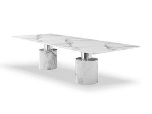 HomeRoots 180" White Marble Double Pedestal Dining Table – Luxurious, Spacious, Modern Design for Gatherings 488518