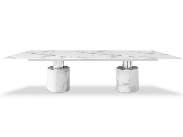 HomeRoots 180" White Marble Double Pedestal Dining Table – Luxurious, Spacious, Modern Design for Gatherings 488518