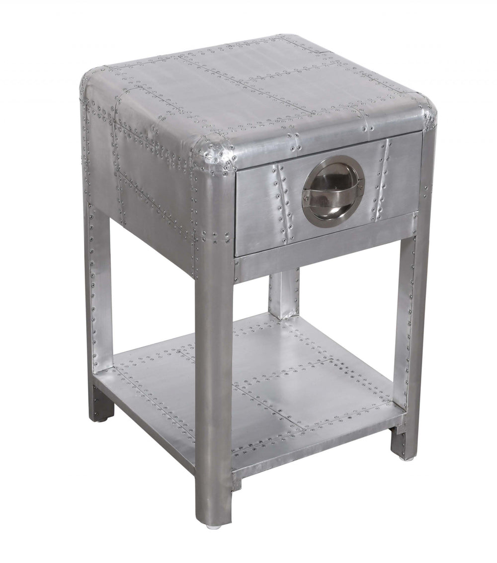 Homeroots 24" Silver Aluminum Square End Table With Drawer And Shelf   488526
