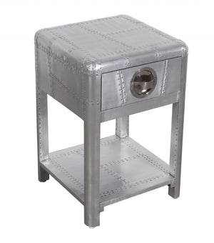 Homeroots 24" Silver Aluminum Square End Table With Drawer And Shelf   488526