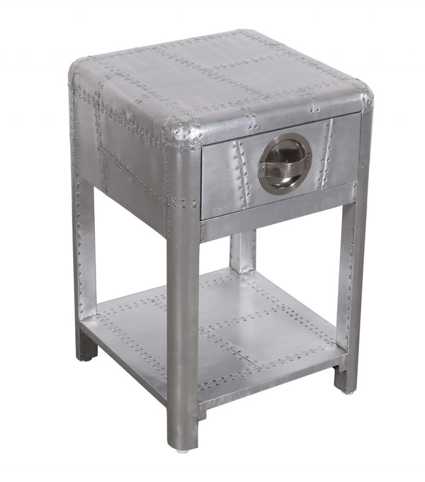 Homeroots 24" Silver Aluminum Square End Table With Drawer And Shelf   488526