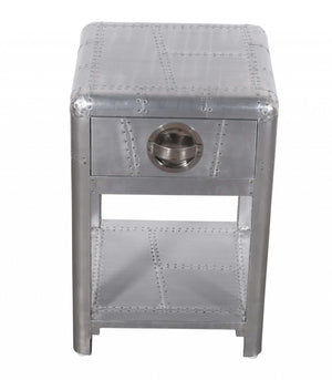 Homeroots 24" Silver Aluminum Square End Table With Drawer And Shelf   488526