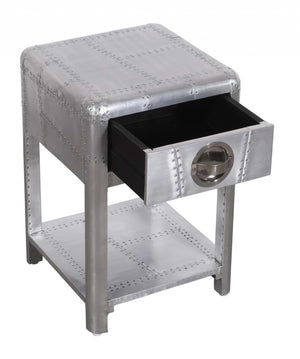 Homeroots 24" Silver Aluminum Square End Table With Drawer And Shelf   488526