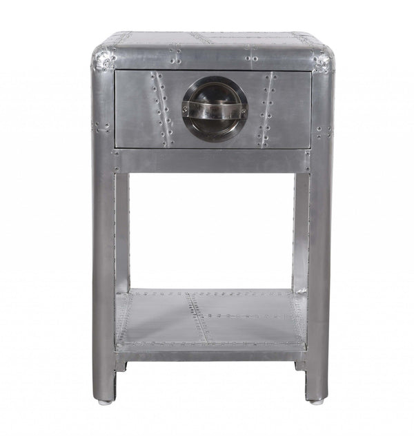 Homeroots 24" Silver Aluminum Square End Table With Drawer And Shelf   488526