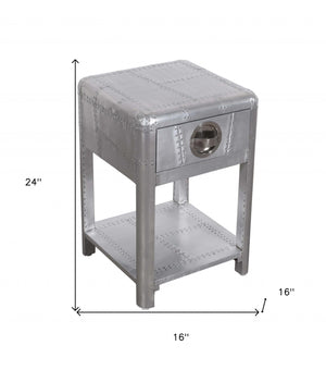Homeroots 24" Silver Aluminum Square End Table With Drawer And Shelf   488526