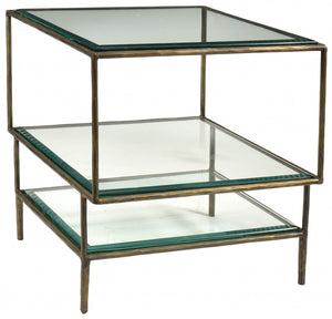 Homeroots 20" Bronze And Clear Glass And Iron Square End Table With Two Shelves   488530