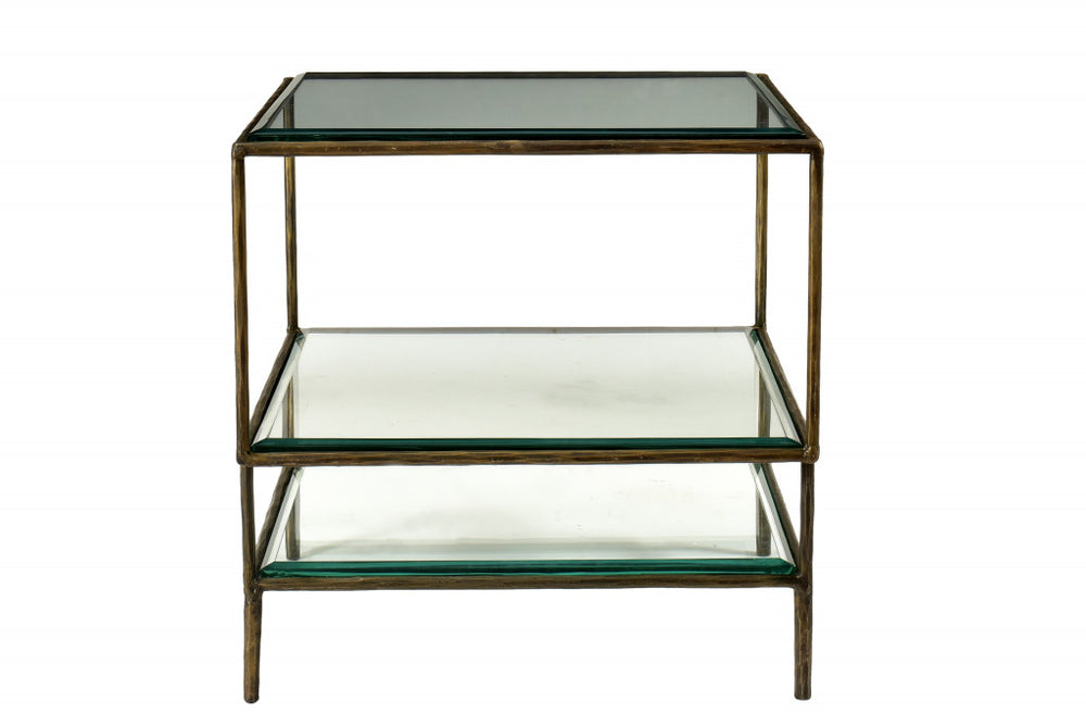 Homeroots 20" Bronze And Clear Glass And Iron Square End Table With Two Shelves   488530