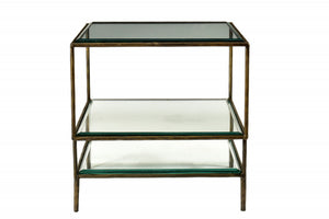 Homeroots 20" Bronze And Clear Glass And Iron Square End Table With Two Shelves   488530