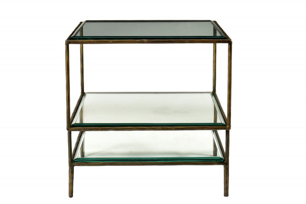 Homeroots 20" Bronze And Clear Glass And Iron Square End Table With Two Shelves   488530