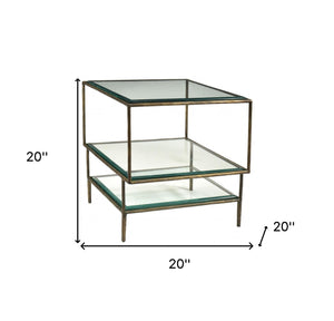 Homeroots 20" Bronze And Clear Glass And Iron Square End Table With Two Shelves   488530