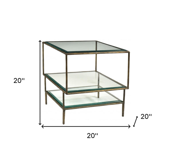 Homeroots 20" Bronze And Clear Glass And Iron Square End Table With Two Shelves   488530