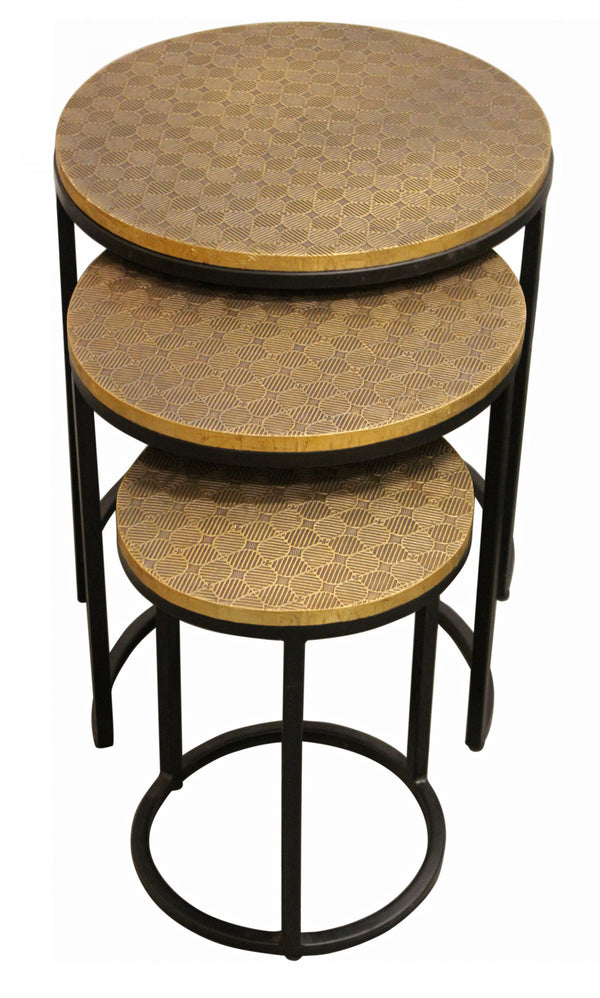 Homeroots Set Of Three 19" Black And Brass Round Nested Tables   488531