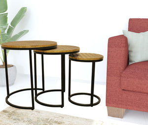 Homeroots Set Of Three 19" Black And Brass Round Nested Tables   488531