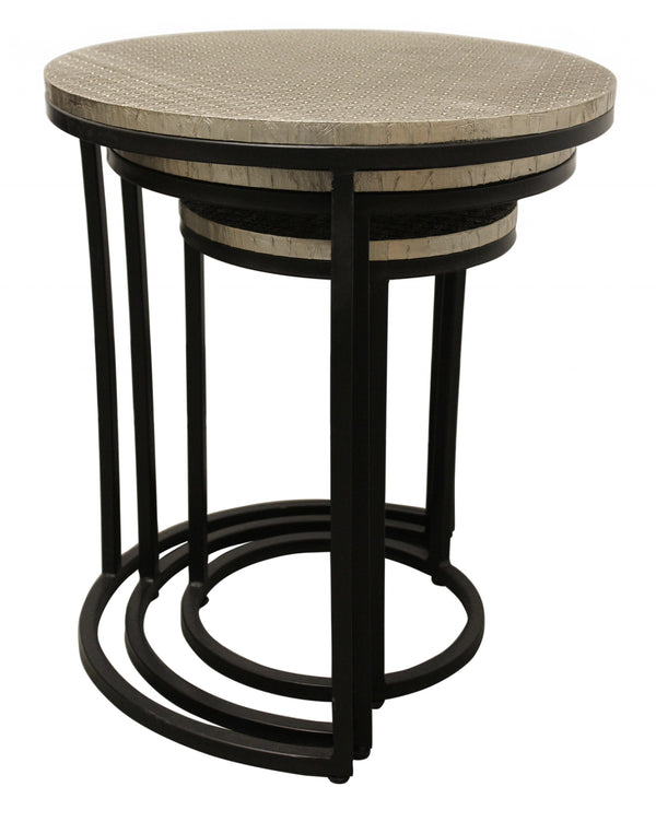 Homeroots Set Of Three 19" Black And Silver Round Nested Tables   488533