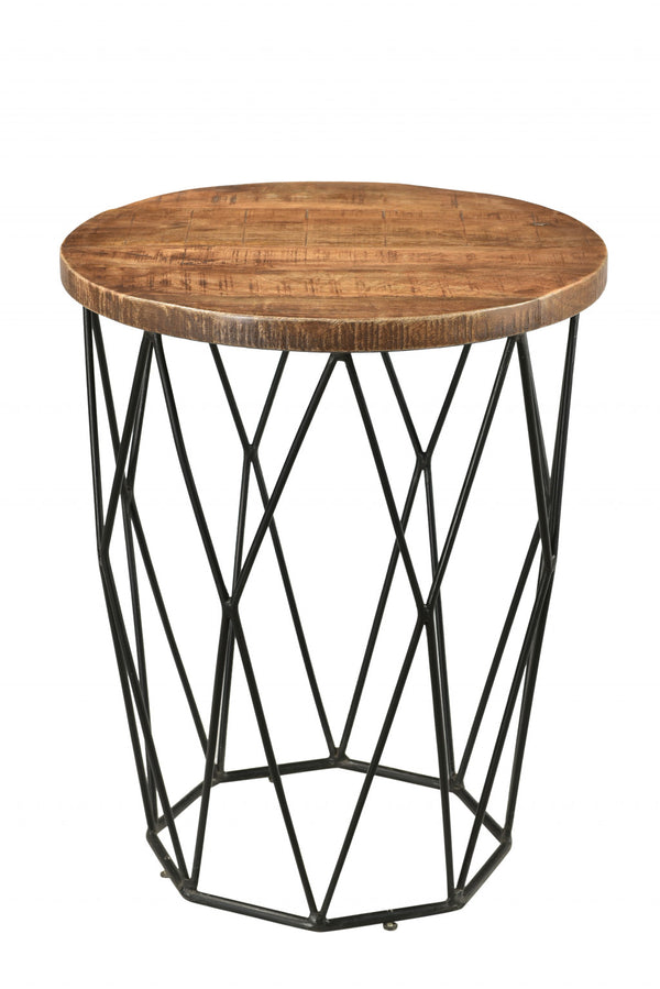 Homeroots 24" Black And Natural Brown Solid Wood And Iron Round End Table   488535