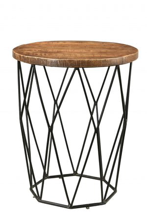 Homeroots 24" Black And Natural Brown Solid Wood And Iron Round End Table   488535