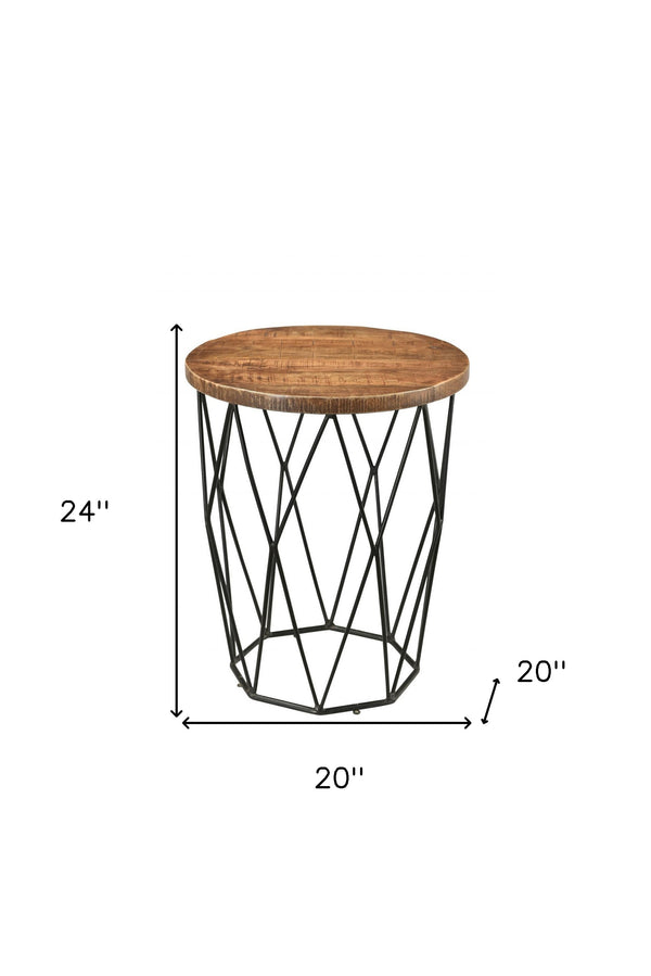 Homeroots 24" Black And Natural Brown Solid Wood And Iron Round End Table   488535