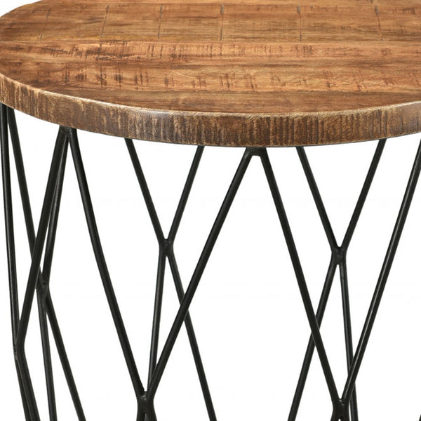 Homeroots 24" Black And Natural Brown Solid Wood And Iron Round End Table   488535