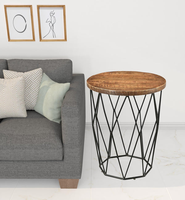 Homeroots 24" Black And Natural Brown Solid Wood And Iron Round End Table   488535