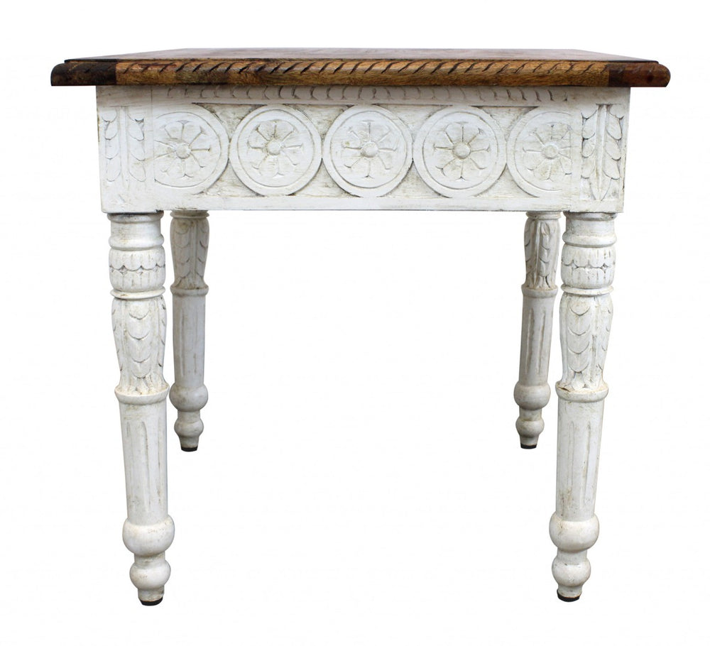 HomeRoots 24" Rustic Hand-Crafted Ivory and Brown Solid Wood End Table with Unique Artisan Details 488539