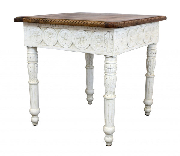 HomeRoots 24" Rustic Hand-Crafted Ivory and Brown Solid Wood End Table with Unique Artisan Details 488539