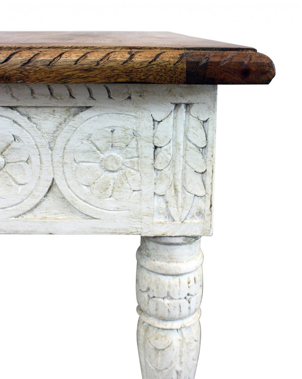 HomeRoots 24" Rustic Hand-Crafted Ivory and Brown Solid Wood End Table with Unique Artisan Details 488539